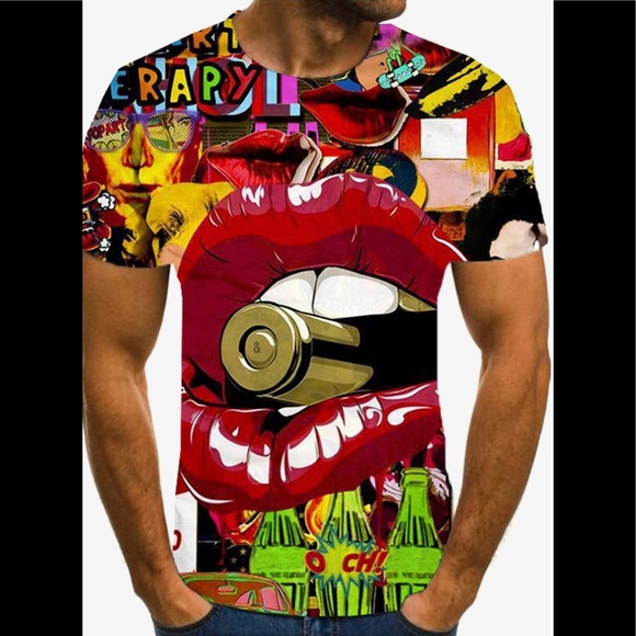 Street Bullet  In The Mouth Colorful Graffiti T-Shirt / Men R Women Unisex - Picture 1 of 4